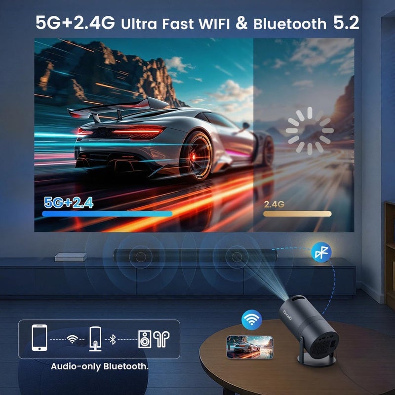 Tecaki Mini Portable Projector with WiFi and Bluetooth,Support Movie Projector 1080P HD,Auto Keystone Correction,180° Rotatable,Compatible with TV Stick, HDMI, USB, Smartphone, Laptop (Grey) - Image 5